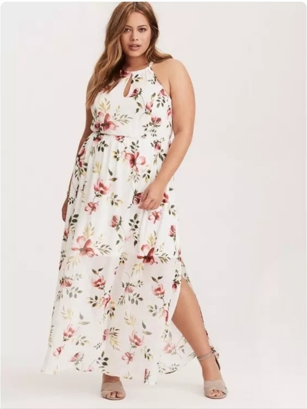 Torrid Floral Halter Maxi Dress in White and Pink